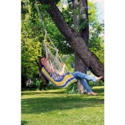 Remise 🛒 Amazonas Hamacs Chaise Hamac Suspendu En Tissu Rayé Vert Et Jaune 🎉 -Fauteuils suspendus Soldes chaise hamac suspendu en tissu raye vert et jaune 2