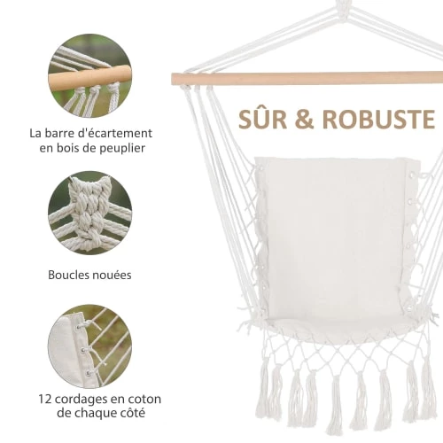 Promo ✔️ Outsunny Hamacs Chaise Suspendue Assise Dossier Rembourrés Macramé Coton Beige 🎁 6 Promo ✔️ Outsunny Hamacs Chaise Suspendue Assise Dossier Rembourrés Macramé Coton Beige 🎁 – Image 4