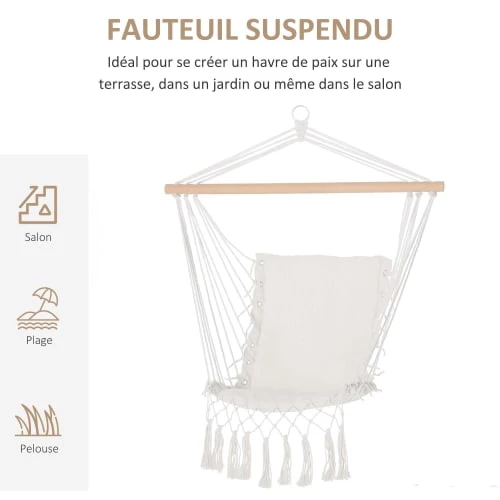 Promo ✔️ Outsunny Hamacs Chaise Suspendue Assise Dossier Rembourrés Macramé Coton Beige 🎁 8 Promo ✔️ Outsunny Hamacs Chaise Suspendue Assise Dossier Rembourrés Macramé Coton Beige 🎁 – Image 6