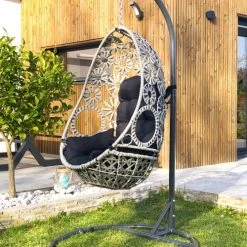 Fauteuils suspendus Soldes -Fauteuils suspendus Soldes fauteuil oeuf suspendu en resine ecrue avec coussin gris anthracite 1