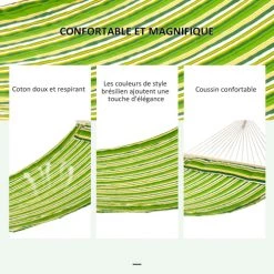 Top 10 ⭐ Outsunny Hamacs Hamac De Voyage 2 Places Style Exotique Coton Vert Jaune Blanc Rayé 🌟 -Fauteuils suspendus Soldes hamac de voyage 2 places style exotique coton vert jaune blanc raye 3