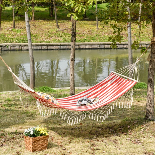 Budget 🎁 Outsunny Hamacs Hamac De Voyage Style Hippie Chic Coton Polyester Rouge Crème Rayé 🥰 6 Budget 🎁 Outsunny Hamacs Hamac De Voyage Style Hippie Chic Coton Polyester Rouge Crème Rayé 🥰 – Image 4