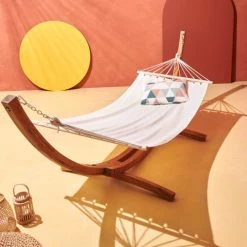 Fauteuils suspendus Soldes -Fauteuils suspendus Soldes hamac en polycoton blanc sur pied en bois 1